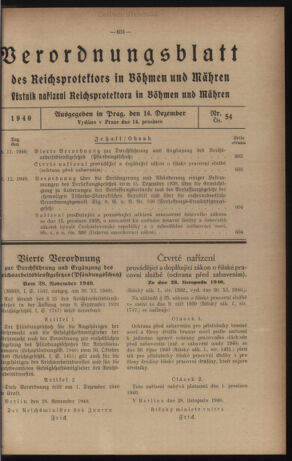 Verordnungsblatt des Reichsprotektors in Böhmen und Mähren: = Věstník nařízení Reichsprotektora in Böhmen und Mähren 19401214 Seite: 1