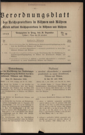 Verordnungsblatt des Reichsprotektors in Böhmen und Mähren: = Věstník nařízení Reichsprotektora in Böhmen und Mähren 19401230 Seite: 1