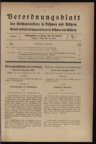 Verordnungsblatt des Reichsprotektors in Böhmen und Mähren: = Věstník nařízení Reichsprotektora in Böhmen und Mähren 19410124 Seite: 1