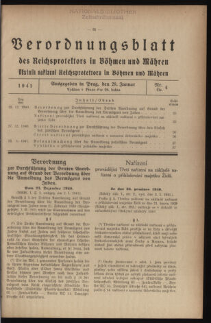 Verordnungsblatt des Reichsprotektors in Böhmen und Mähren: = Věstník nařízení Reichsprotektora in Böhmen und Mähren 19410128 Seite: 1