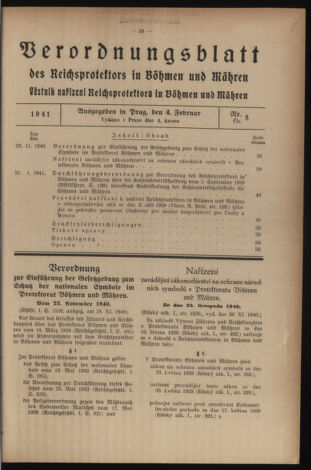 Verordnungsblatt des Reichsprotektors in Böhmen und Mähren: = Věstník nařízení Reichsprotektora in Böhmen und Mähren 19410204 Seite: 1