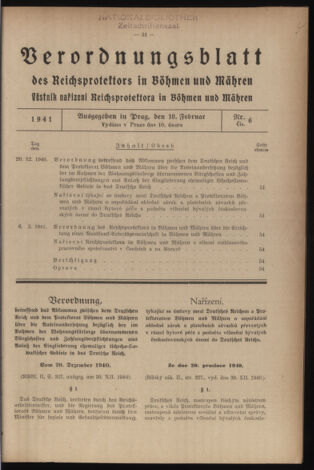 Verordnungsblatt des Reichsprotektors in Böhmen und Mähren: = Věstník nařízení Reichsprotektora in Böhmen und Mähren 19410210 Seite: 1