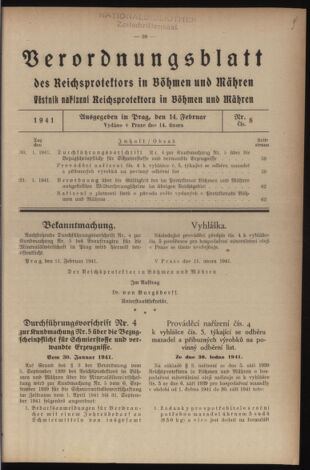 Verordnungsblatt des Reichsprotektors in Böhmen und Mähren: = Věstník nařízení Reichsprotektora in Böhmen und Mähren 19410214 Seite: 1