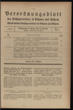 Verordnungsblatt des Reichsprotektors in Böhmen und Mähren: = Věstník nařízení Reichsprotektora in Böhmen und Mähren 19410222 Seite: 1