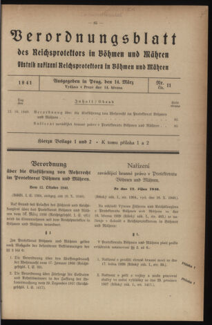 Verordnungsblatt des Reichsprotektors in Böhmen und Mähren: = Věstník nařízení Reichsprotektora in Böhmen und Mähren 19410314 Seite: 1