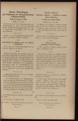 Verordnungsblatt des Reichsprotektors in Böhmen und Mähren: = Věstník nařízení Reichsprotektora in Böhmen und Mähren 19410314 Seite: 45