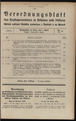 Verordnungsblatt des Reichsprotektors in Böhmen und Mähren: = Věstník nařízení Reichsprotektora in Böhmen und Mähren 19410401 Seite: 1