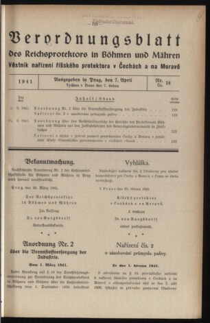 Verordnungsblatt des Reichsprotektors in Böhmen und Mähren: = Věstník nařízení Reichsprotektora in Böhmen und Mähren 19410407 Seite: 1