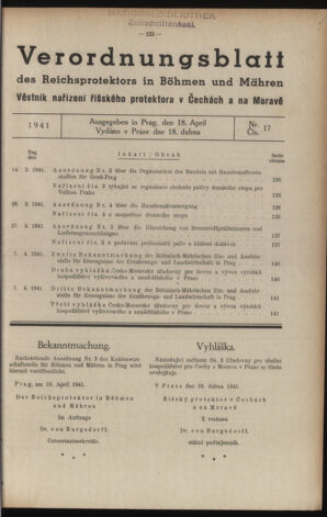 Verordnungsblatt des Reichsprotektors in Böhmen und Mähren: = Věstník nařízení Reichsprotektora in Böhmen und Mähren 19410418 Seite: 1