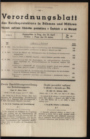 Verordnungsblatt des Reichsprotektors in Böhmen und Mähren: = Věstník nařízení Reichsprotektora in Böhmen und Mähren 19410424 Seite: 1