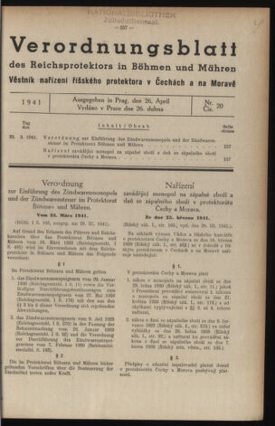 Verordnungsblatt des Reichsprotektors in Böhmen und Mähren: = Věstník nařízení Reichsprotektora in Böhmen und Mähren 19410426 Seite: 1