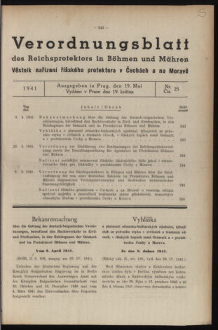 Verordnungsblatt des Reichsprotektors in Böhmen und Mähren: = Věstník nařízení Reichsprotektora in Böhmen und Mähren 19410519 Seite: 1