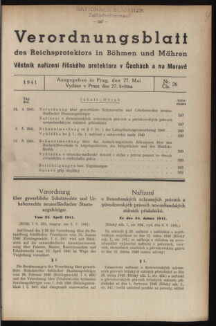 Verordnungsblatt des Reichsprotektors in Böhmen und Mähren: = Věstník nařízení Reichsprotektora in Böhmen und Mähren 19410527 Seite: 1