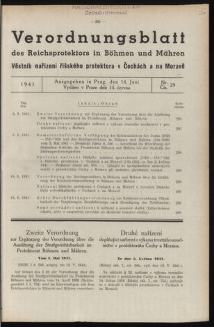 Verordnungsblatt des Reichsprotektors in Böhmen und Mähren: = Věstník nařízení Reichsprotektora in Böhmen und Mähren 19410614 Seite: 1