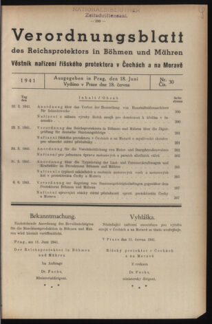 Verordnungsblatt des Reichsprotektors in Böhmen und Mähren: = Věstník nařízení Reichsprotektora in Böhmen und Mähren 19410618 Seite: 1