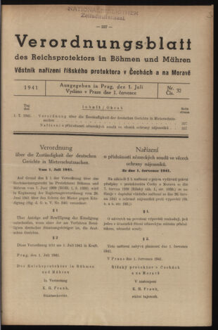 Verordnungsblatt des Reichsprotektors in Böhmen und Mähren: = Věstník nařízení Reichsprotektora in Böhmen und Mähren 19410701 Seite: 1