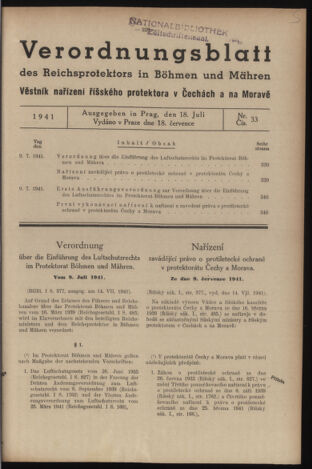 Verordnungsblatt des Reichsprotektors in Böhmen und Mähren: = Věstník nařízení Reichsprotektora in Böhmen und Mähren 19410718 Seite: 1