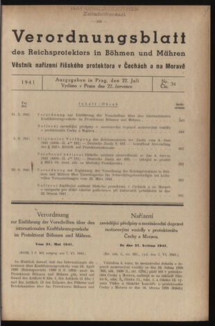 Verordnungsblatt des Reichsprotektors in Böhmen und Mähren: = Věstník nařízení Reichsprotektora in Böhmen und Mähren 19410722 Seite: 1