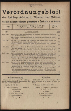 Verordnungsblatt des Reichsprotektors in Böhmen und Mähren: = Věstník nařízení Reichsprotektora in Böhmen und Mähren 19410731 Seite: 1