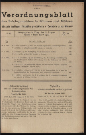 Verordnungsblatt des Reichsprotektors in Böhmen und Mähren: = Věstník nařízení Reichsprotektora in Böhmen und Mähren 19410809 Seite: 1