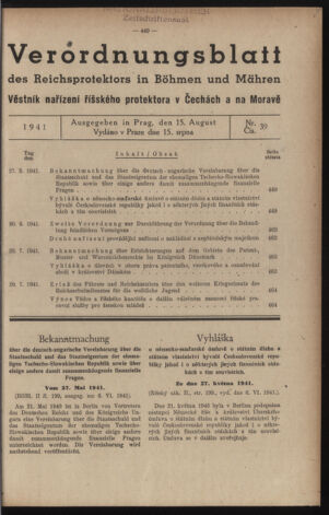 Verordnungsblatt des Reichsprotektors in Böhmen und Mähren: = Věstník nařízení Reichsprotektora in Böhmen und Mähren 19410815 Seite: 1