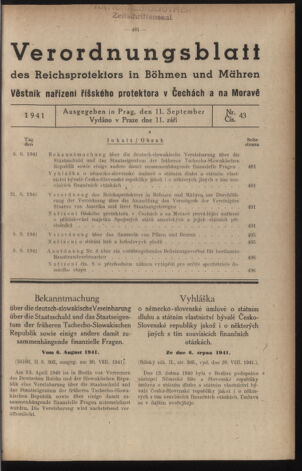 Verordnungsblatt des Reichsprotektors in Böhmen und Mähren: = Věstník nařízení Reichsprotektora in Böhmen und Mähren 19410911 Seite: 1