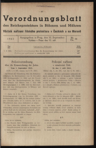 Verordnungsblatt des Reichsprotektors in Böhmen und Mähren: = Věstník nařízení Reichsprotektora in Böhmen und Mähren 19410912 Seite: 1