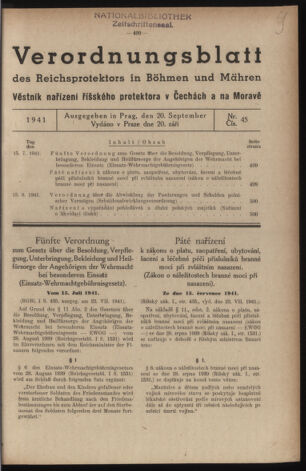 Verordnungsblatt des Reichsprotektors in Böhmen und Mähren: = Věstník nařízení Reichsprotektora in Böhmen und Mähren 19410920 Seite: 1