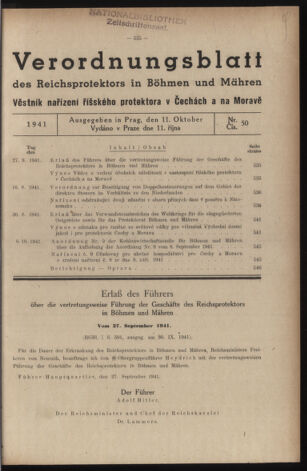 Verordnungsblatt des Reichsprotektors in Böhmen und Mähren: = Věstník nařízení Reichsprotektora in Böhmen und Mähren 19411011 Seite: 1