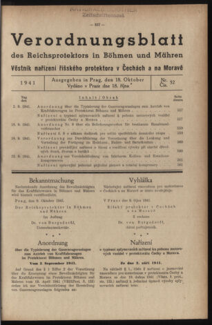 Verordnungsblatt des Reichsprotektors in Böhmen und Mähren: = Věstník nařízení Reichsprotektora in Böhmen und Mähren 19411018 Seite: 1