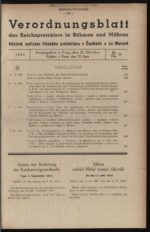 Verordnungsblatt des Reichsprotektors in Böhmen und Mähren: = Věstník nařízení Reichsprotektora in Böhmen und Mähren 19411022 Seite: 1