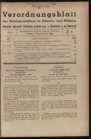 Verordnungsblatt des Reichsprotektors in Böhmen und Mähren: = Věstník nařízení Reichsprotektora in Böhmen und Mähren 19411027 Seite: 1