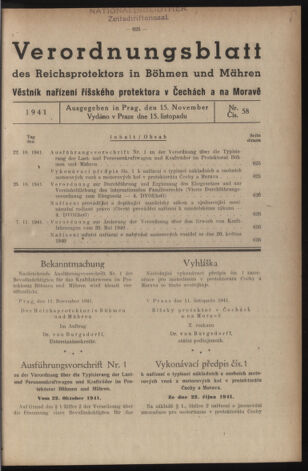 Verordnungsblatt des Reichsprotektors in Böhmen und Mähren: = Věstník nařízení Reichsprotektora in Böhmen und Mähren 19411115 Seite: 1