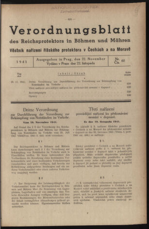 Verordnungsblatt des Reichsprotektors in Böhmen und Mähren: = Věstník nařízení Reichsprotektora in Böhmen und Mähren 19411122 Seite: 1