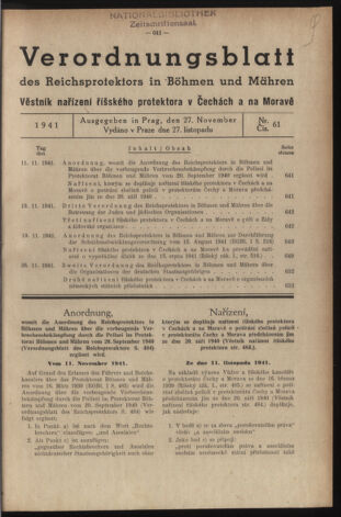 Verordnungsblatt des Reichsprotektors in Böhmen und Mähren: = Věstník nařízení Reichsprotektora in Böhmen und Mähren 19411127 Seite: 1