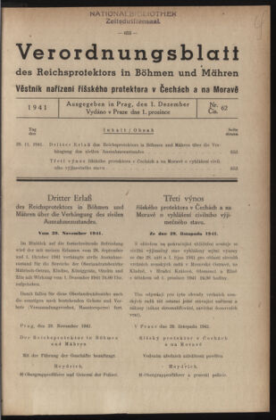 Verordnungsblatt des Reichsprotektors in Böhmen und Mähren: = Věstník nařízení Reichsprotektora in Böhmen und Mähren 19411201 Seite: 1