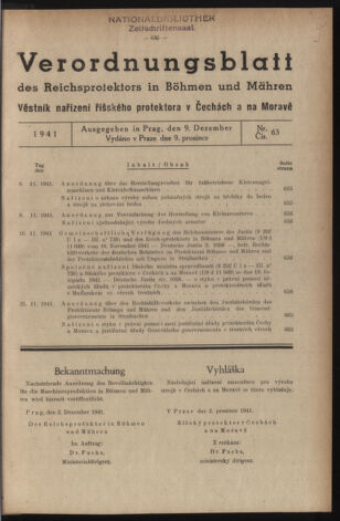 Verordnungsblatt des Reichsprotektors in Böhmen und Mähren: = Věstník nařízení Reichsprotektora in Böhmen und Mähren 19411209 Seite: 1