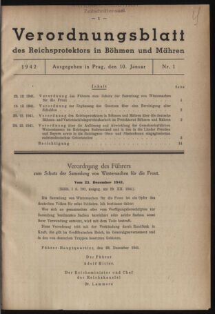 Verordnungsblatt des Reichsprotektors in Böhmen und Mähren: = Věstník nařízení Reichsprotektora in Böhmen und Mähren 19420110 Seite: 1