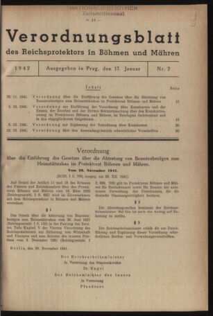 Verordnungsblatt des Reichsprotektors in Böhmen und Mähren: = Věstník nařízení Reichsprotektora in Böhmen und Mähren 19420117 Seite: 1