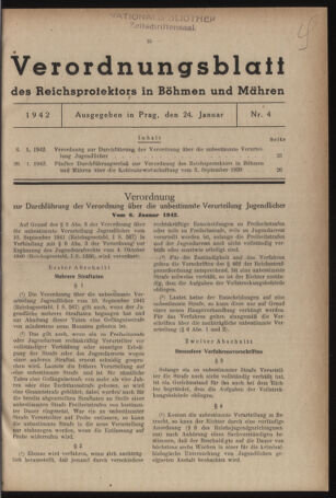 Verordnungsblatt des Reichsprotektors in Böhmen und Mähren: = Věstník nařízení Reichsprotektora in Böhmen und Mähren 19420124 Seite: 1