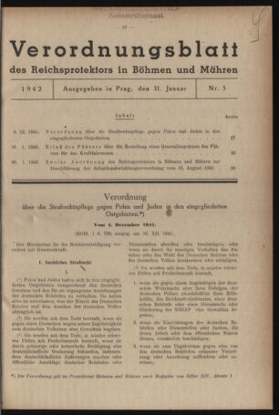 Verordnungsblatt des Reichsprotektors in Böhmen und Mähren: = Věstník nařízení Reichsprotektora in Böhmen und Mähren 19420131 Seite: 1