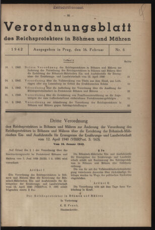 Verordnungsblatt des Reichsprotektors in Böhmen und Mähren: = Věstník nařízení Reichsprotektora in Böhmen und Mähren 19420216 Seite: 1