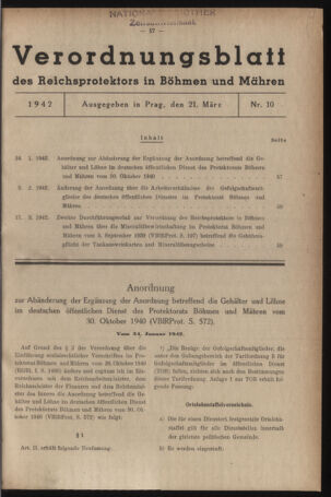 Verordnungsblatt des Reichsprotektors in Böhmen und Mähren: = Věstník nařízení Reichsprotektora in Böhmen und Mähren 19420321 Seite: 1