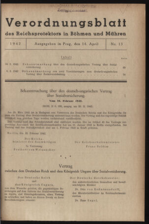 Verordnungsblatt des Reichsprotektors in Böhmen und Mähren: = Věstník nařízení Reichsprotektora in Böhmen und Mähren 19420414 Seite: 1