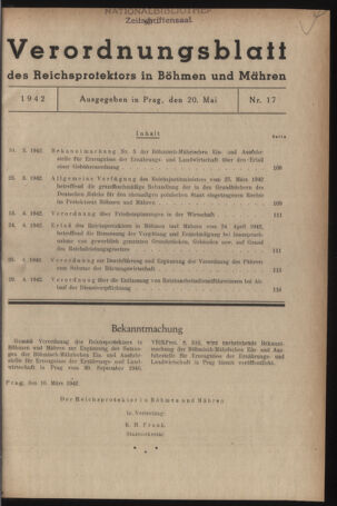 Verordnungsblatt des Reichsprotektors in Böhmen und Mähren: = Věstník nařízení Reichsprotektora in Böhmen und Mähren 19420520 Seite: 1