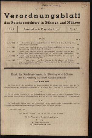 Verordnungsblatt des Reichsprotektors in Böhmen und Mähren: = Věstník nařízení Reichsprotektora in Böhmen und Mähren 19420703 Seite: 1