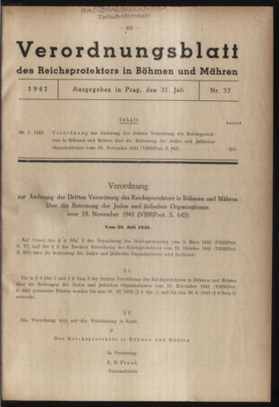 Verordnungsblatt des Reichsprotektors in Böhmen und Mähren: = Věstník nařízení Reichsprotektora in Böhmen und Mähren 19420731 Seite: 1