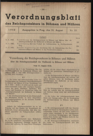 Verordnungsblatt des Reichsprotektors in Böhmen und Mähren: = Věstník nařízení Reichsprotektora in Böhmen und Mähren 19420820 Seite: 1