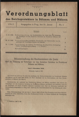 Verordnungsblatt des Reichsprotektors in Böhmen und Mähren: = Věstník nařízení Reichsprotektora in Böhmen und Mähren 19430121 Seite: 1