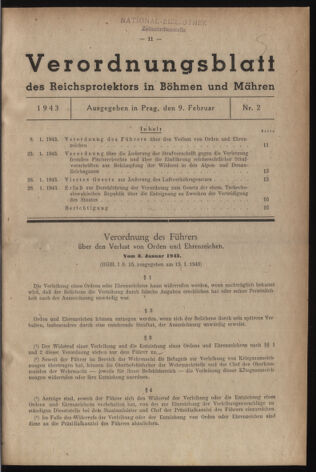 Verordnungsblatt des Reichsprotektors in Böhmen und Mähren: = Věstník nařízení Reichsprotektora in Böhmen und Mähren 19430209 Seite: 1